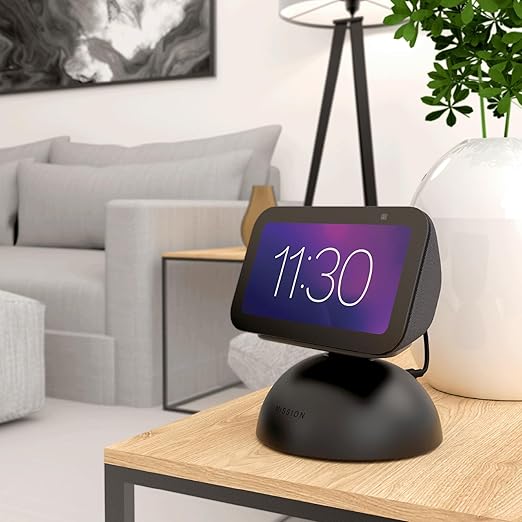 Sleek black battery base for Echo Show 5 moves from room to room