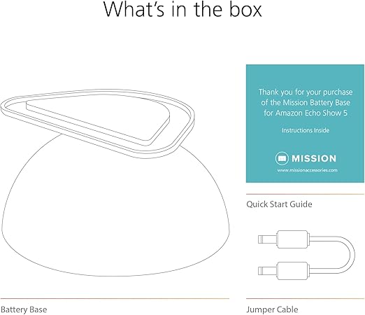 Echo Show 5 battery base boxed items include the base, quick start guide, and jumper cable