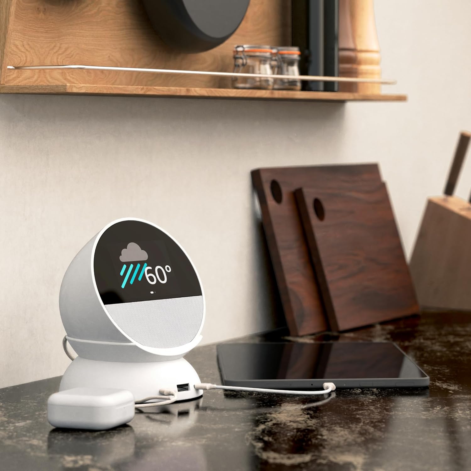 USB-C and USB-A Charging Stand for Amazon Echo Spot ('24) - Glacier Whtie