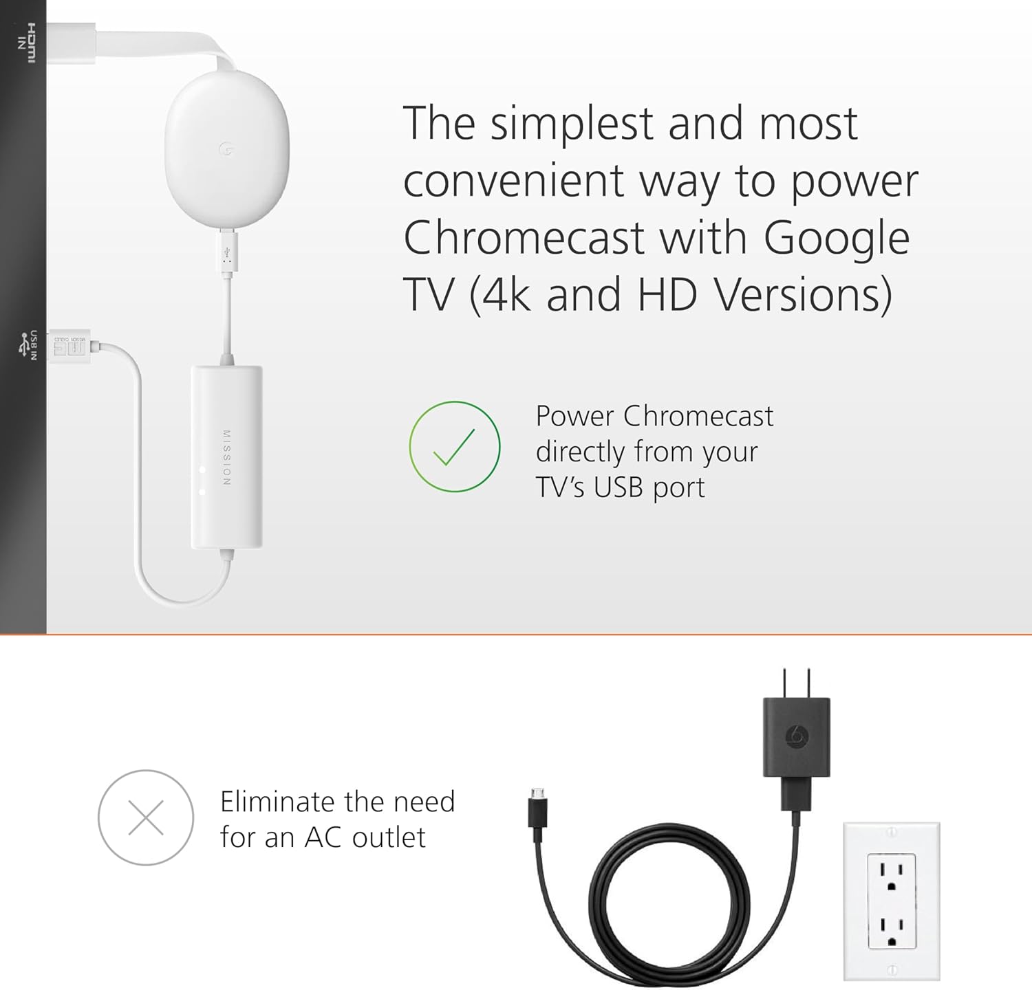 USB Power Cable for Chromecast (4K) with Google TV (Power Google TV Directly from TV)